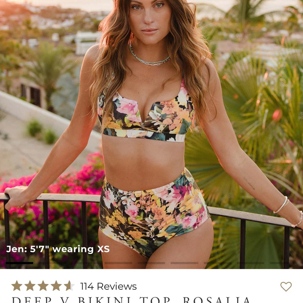Albion Fit Deep V Bikini top and high waisted bottoms. Rosalia pattern, NWTs!